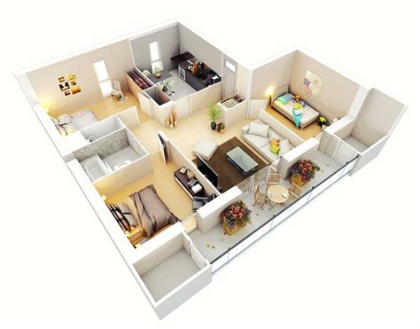 20 Designs Ideas for 3D Apartment or One-Storey Three Bedroom Floor ...