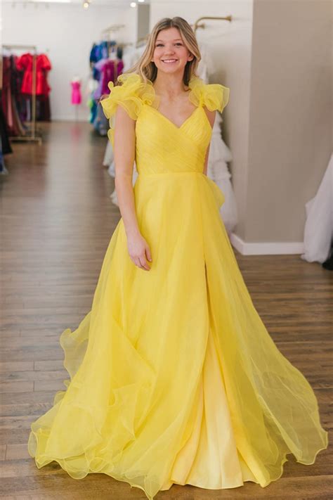 Yellow Surplice Ruffle Straps Tulle Long Prom Dress With Slit