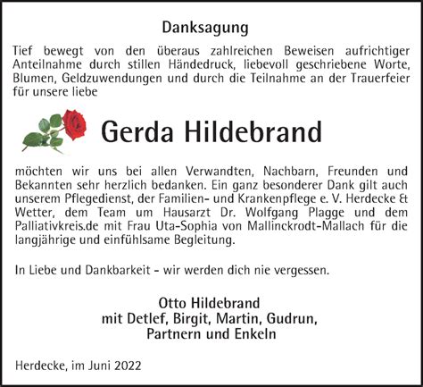 Traueranzeigen Von Gerda Hildebrand Trauer In Nrw De