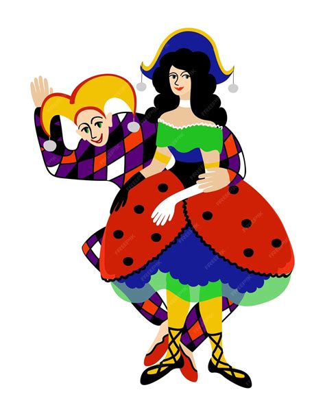 Colombina Y Arlequín Ilustración Aislada Vectorial Personajes Principales De La Commedia Dell