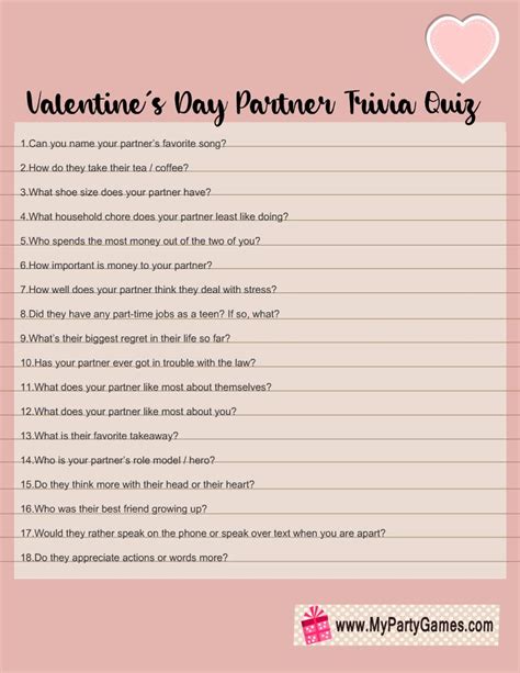 Free Printable Valentines Day Partner Trivia Quiz Trivia Quiz