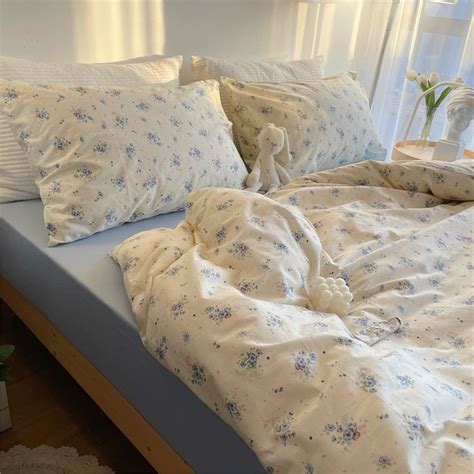 Blue Floral Cotton Duvet Cover Set Cute Fresh Floral Bedding Set