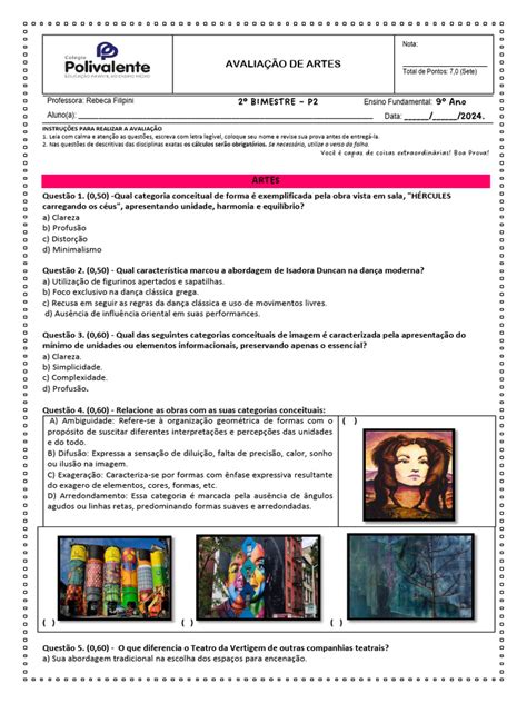 Prova de artes - 7° ano (24) | Download grátis PDF | Danças | Artes Cênicas