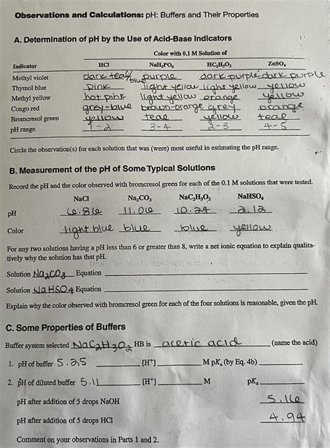 Solved Observations And Calculations Ph Buffers And Their Chegg