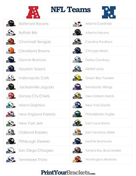 Nfl Teams List Printable