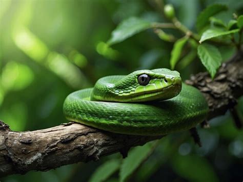 Premium AI Image | A green snake is on a branch on natural background ...