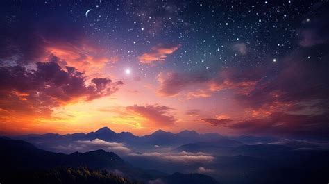 Premium AI Image Sunset Clouds With Fiery Hues Moon And Stars Above A