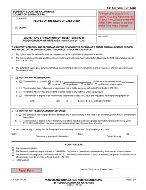 Santa Clara County California Waiver And Stipulation For Resentencing