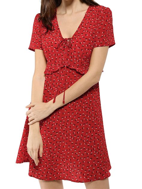 Allegra K Womens Tie V Neck Short Sleeve Ruffle Floral A Line Dress