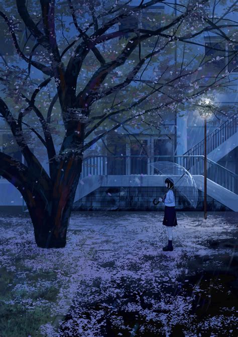 Safebooru 1girl Black Footwear Black Hair Black Socks Blue Skirt Cherry Blossoms Falling