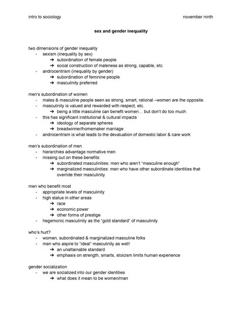 Sex And Gender Inequality Intro To Sociology November Ninth Sex And Gender Inequality Two