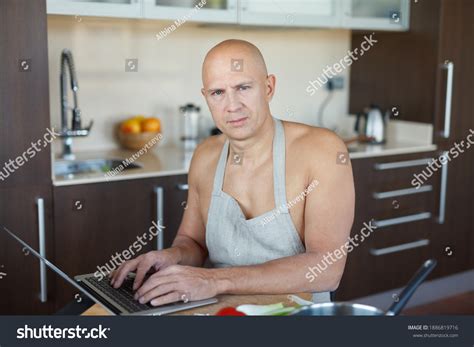 Man Naked Torso Apron Sits Table Stock Photo Shutterstock