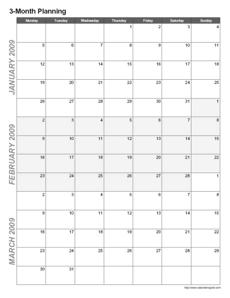 Printable 3-month calendar