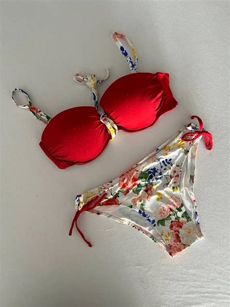Kadın Kırmızı Taş İşlemeli Astarlı Bikini Takım HZL S LC