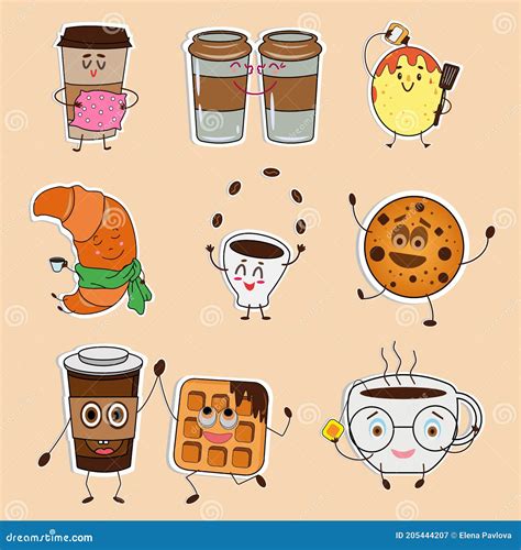 Stickers Funny Cups of Coffee and Tea, Sweets: Waffle, Cookies