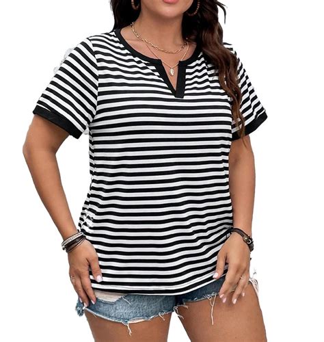 Casual Striped Print Notched Neckline Tee Short Sleeve Black And White Plus Size T Shirts Women