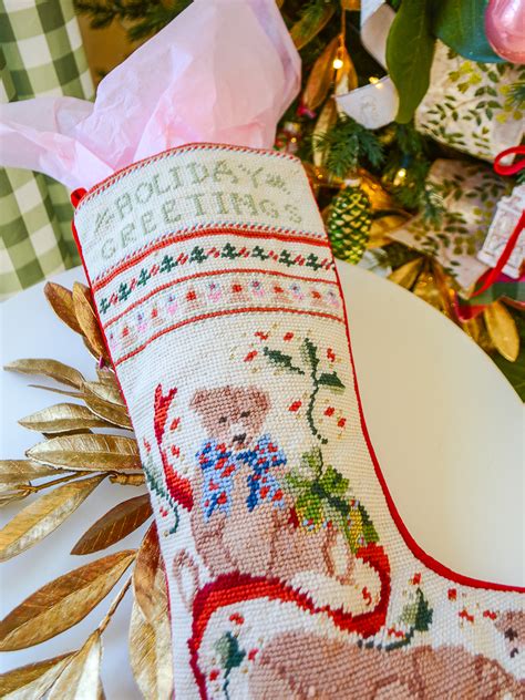 Needlepoint Teddy Bear Christmas Stocking Pender And Peony A Southern