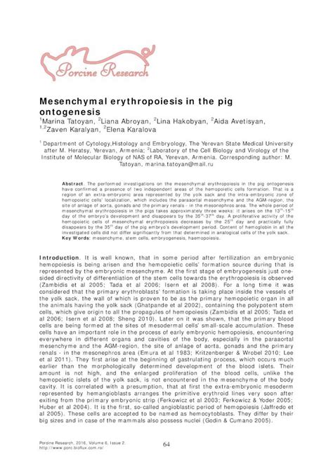 Pdf Mesenchymal Erythropoiesis In The Pig Ontogenesis Department