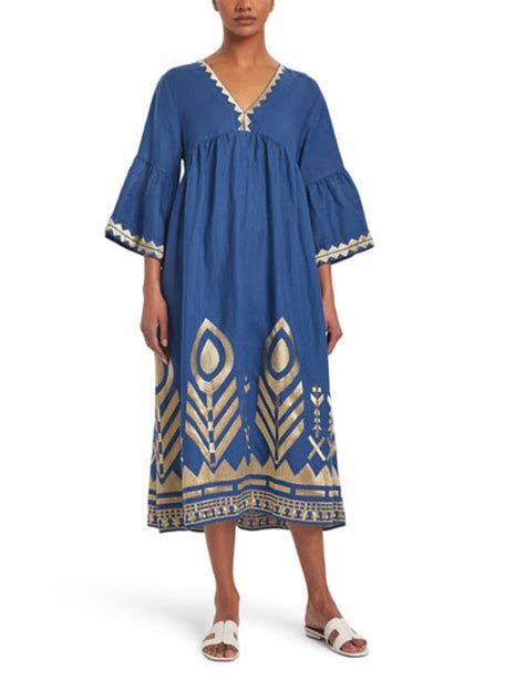 Trouva Bell Sleeve Long Feather Dress Indigo Gold