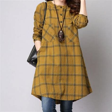 M 5xl Women Plaid Check Loose Long Top Shirt Blouse Kaftan Baggy Short