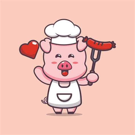 Cute Pig Chef Mascot Cartoon Character With Sausage 6594340 Vector Art