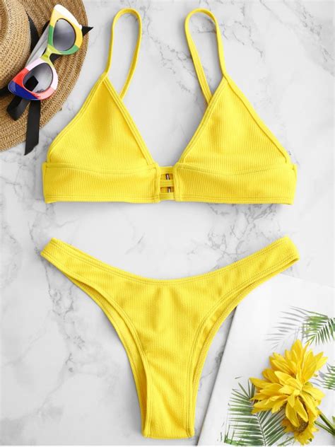 Zaful Ribbed Lattice Bralette Bikini Set In Bright Yellow Zaful 2025