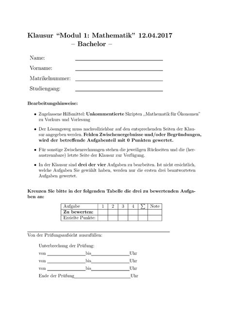 Mathe Altklausur 2017 Zweittermin Klausur Modul 1 Mathematik 12