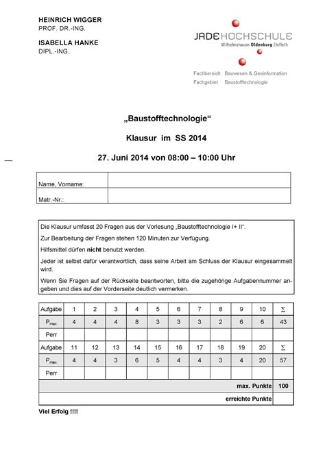 Klausur Im SS 2014 HEINRICH WIGGER PROF DR ING ISABELLA HANKE DIPL