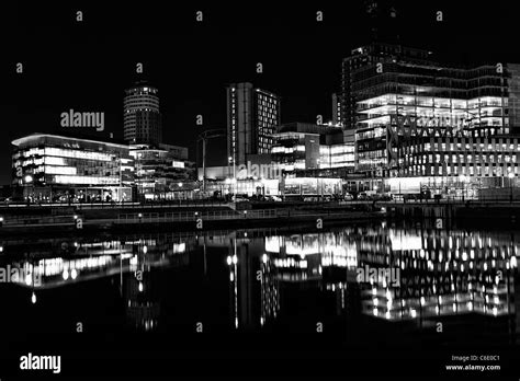 Salford Nights Black And White Image Of The Salford Skyline Reflected