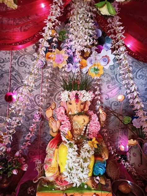 Ganpati decoration./ Ganpati flowers decoration Ganpati sthapna ...