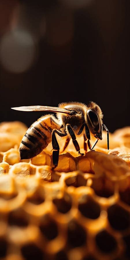 Detailed Macro Image Of A Bee Collecting Honey In A Beehive Generative Ai Bee On A Honeycomb In