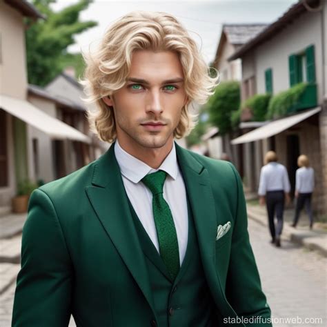 Blond Man In Green Suit Strolling In Village Stable Diffusion Online