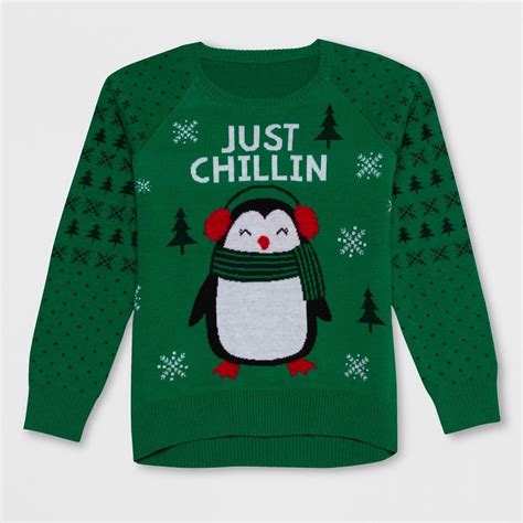 Well Worn Girls Just Chillin Penguin Christmas Sweater Green Xl