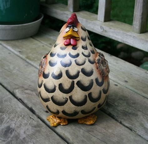 Stoneware Sculpture Two Suspicious Chickens Handmade Ceramic Gourds Painted Gourds