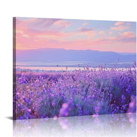 EastSmooth Canvas Print Wall Art Lavender Flowers With Purple Mountain