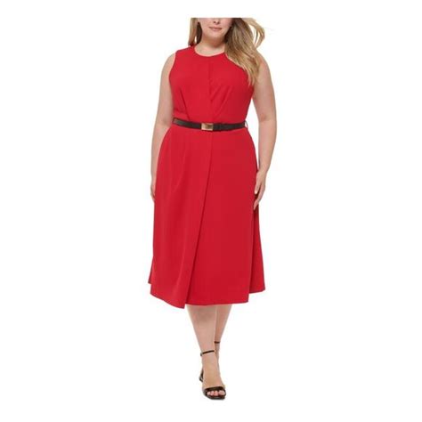 Calvin Klein Dresses Nwt Calvin Klein Womens Red Belted Unlined Sleeveless Midi Dress Plus