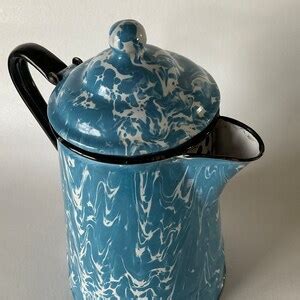 Antique Blue White Large Swirl Granite Ware Enamelware Coffee Pot