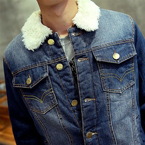 Avacostume Mens Winter Fleece Lined Fur Collar Denim Jacket Coats