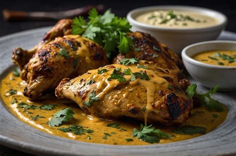 Premium Photo Methi Chicken With A Drizzle Of Spiced Yogurt Sauce