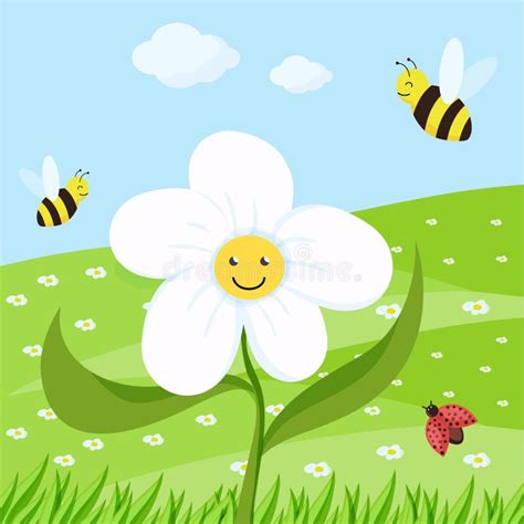 Spring Cartoon Landscape with Trees and Clouds and Flowers Stock Vector ...