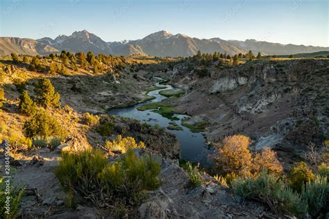 Winding Bubbling River At Hot Creek Geological Site In Mammoth Lakes