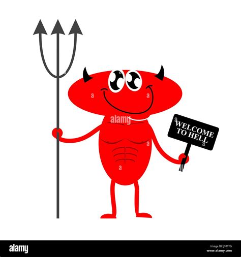 Welcome To Hell Cute Red Devil Holding A Sign And Trident Devil