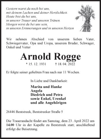 Traueranzeigen Von Arnold Rogge Nordwest Trauer De