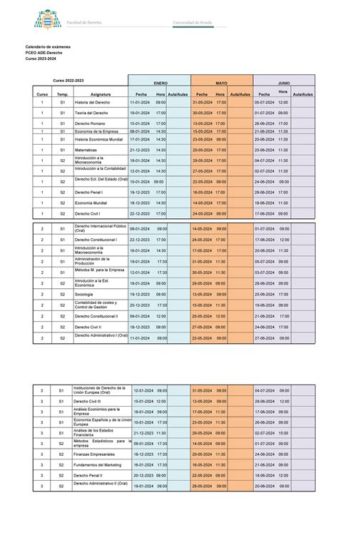 Calendario exámenes 2023 2024 PCEO Calendario de exámenes PCEO ADE