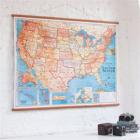 Pull Down Wall Map United States America Etsy