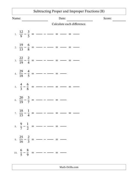 Adding And Subtracting Improper Fractions Worksheets