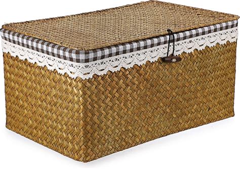 Cinwen Rattan Storage Baskets With Lid Handwoven Wicker Basket Rectangular T