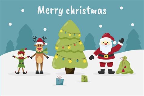 Premium Vector Santa Claus Deer And Elf Near The Christmas Tree Flat