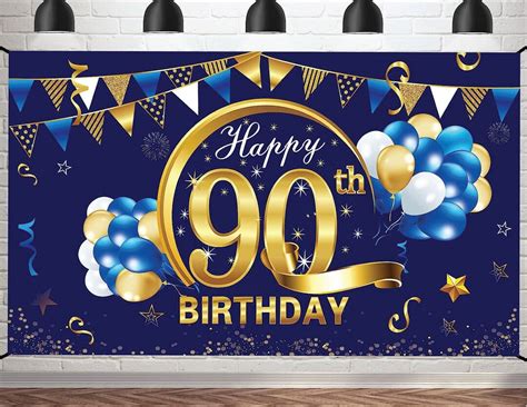 90th Birthday Banner Backdrop Decorations Men and Women Blue and Gold Happy 90 Year Old Birthday ...