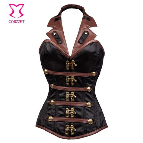 Black Satinandbrown Faux Leather Halter Collar Sexy Corset Steel Bone